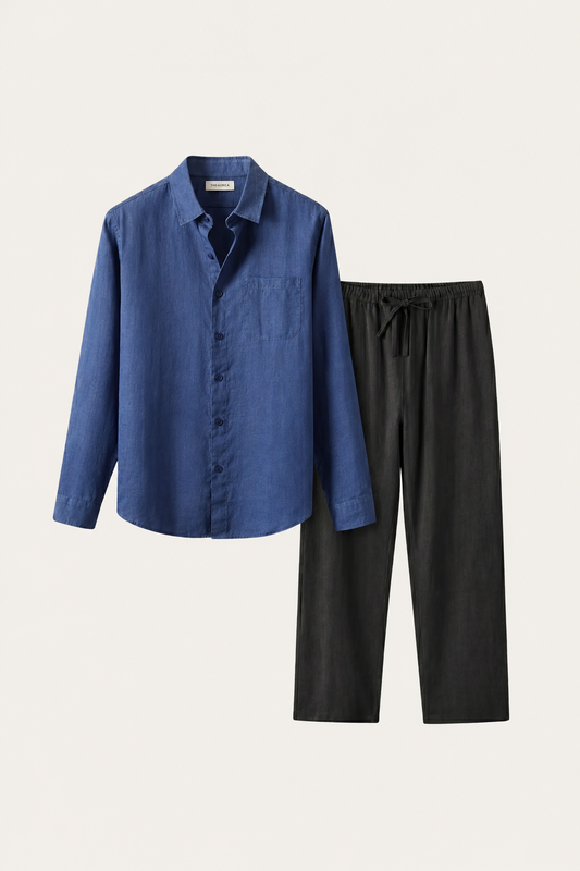 Pisa Leinen-Set Langarm Blau/Schwarz