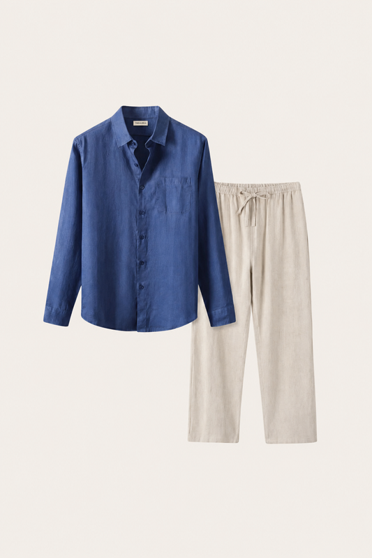 Pisa Leinen Set Langarm Blau/Beige