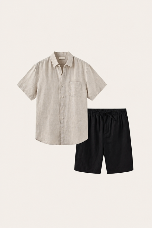 Verona Leinenhemd & Shorts Beige/Schwarz
