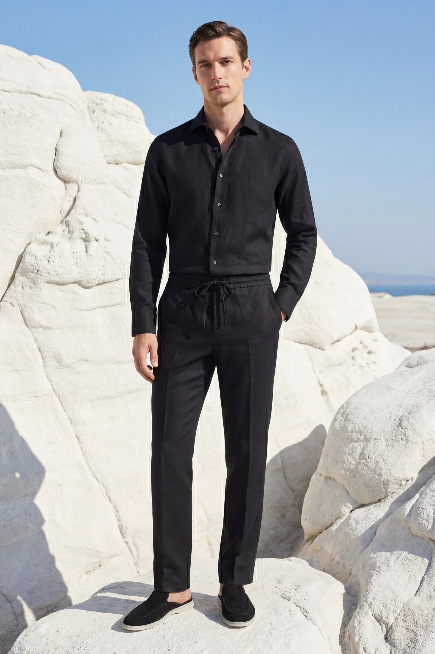 Pisa Leinen Set Langarm Schwarz/Schwarz
